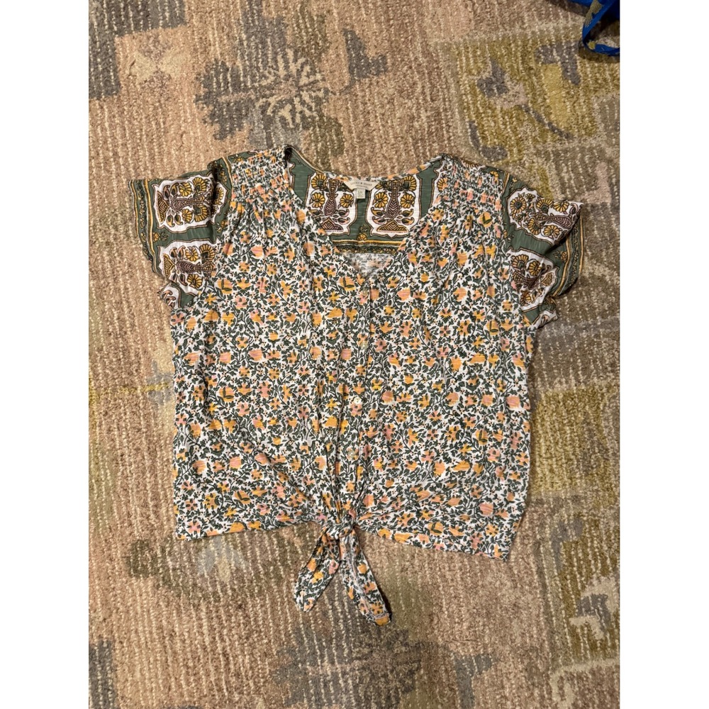 Lucky‎ Brand Floral Print Tie Front Top Boho Blouse Short Sleeve